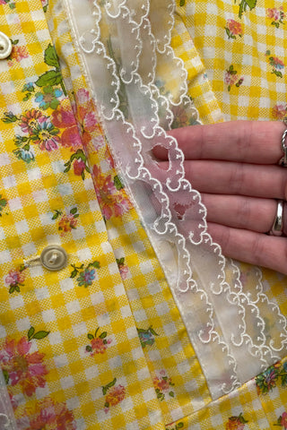 Vintage 70s Karo & Blumen Print Blusenkleid - XS/S