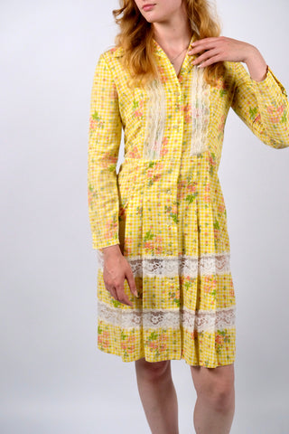 Vintage 70s Karo & Blumen Print Blusenkleid - XS/S