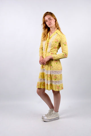 Vintage 70s Karo & Blumen Print Blusenkleid - XS/S