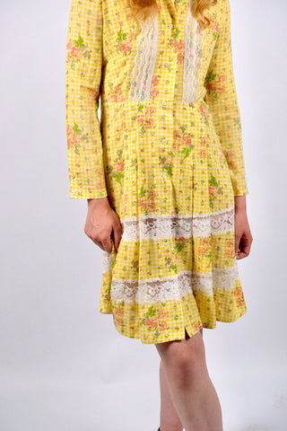 Vintage 70s Karo & Blumen Print Blusenkleid - XS/S