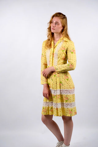 Vintage 70s Karo & Blumen Print Blusenkleid - XS/S