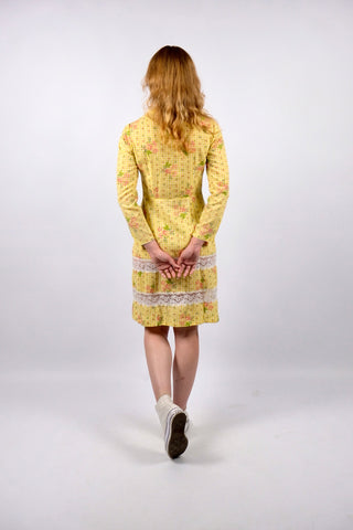 Vintage 70s Karo & Blumen Print Blusenkleid - XS/S