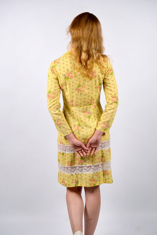 Vintage 70s Karo & Blumen Print Blusenkleid - XS/S