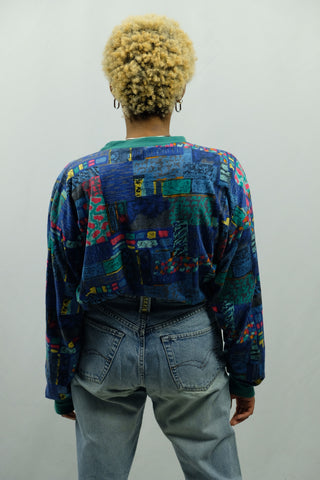 80s/90s Longsleeve/leichtes Sweatshirt aus reiner Baumwolle mit buntem Crazy Pattern Print, zu empfehlen für eine XL