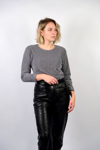 Glitzerndes, quer geripptes 90s Shirt in Grau/Silber mit Rundhalsausschnitt und ¾-Ärmeln – Größe L/XL