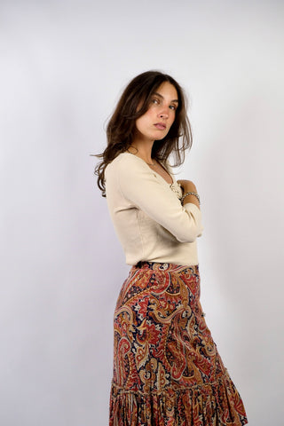 90s/00s Basic Shirt von der Marke Esprit in Creme/Beige, aus reiner Baumwolle, eher kürzerer Schnitt mit hübscher Schnürung vorn, gerippter Struktur und ¾-Ärmeln – Größe S und ein absolutes Highlight