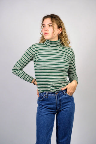 Dunkelgrün und Weiß gestreiftes, figurbetontes und elastisches 90s Longsleeve aus reiner Baumwolle mit Rollkragen und gerippter Struktur – Größe XS/S