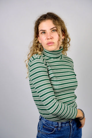 Dunkelgrün und Weiß gestreiftes, figurbetontes und elastisches 90s Longsleeve aus reiner Baumwolle mit Rollkragen und gerippter Struktur – Größe XS/S