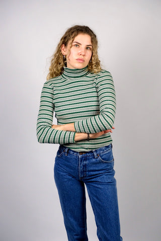 Dunkelgrün und Weiß gestreiftes, figurbetontes und elastisches 90s Longsleeve aus reiner Baumwolle mit Rollkragen und gerippter Struktur – Größe XS/S
