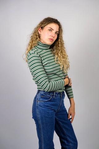 Dunkelgrün und Weiß gestreiftes, figurbetontes und elastisches 90s Longsleeve aus reiner Baumwolle mit Rollkragen und gerippter Struktur – Größe XS/S