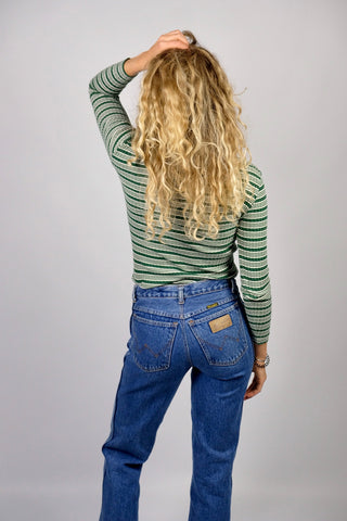 Dunkelgrün und Weiß gestreiftes, figurbetontes und elastisches 90s Longsleeve aus reiner Baumwolle mit Rollkragen und gerippter Struktur – Größe XS/S