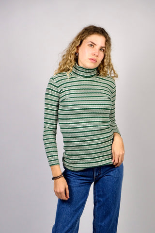 Dunkelgrün und Weiß gestreiftes, figurbetontes und elastisches 90s Longsleeve aus reiner Baumwolle mit Rollkragen und gerippter Struktur – Größe XS/S