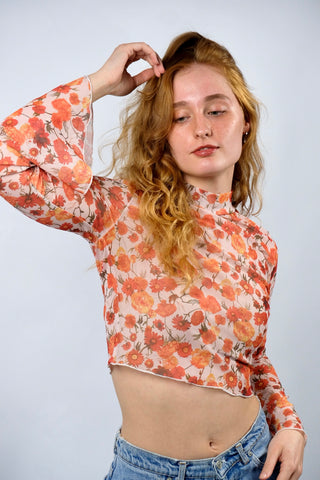 00s Mesh Longsleeve mit Blumenmuster in Orange – bauchfreier, figurbetonter Schnitt mit kleinem Stehkragen und tollen Trompetenärmeln – Größe S und ein absolutes Highlight