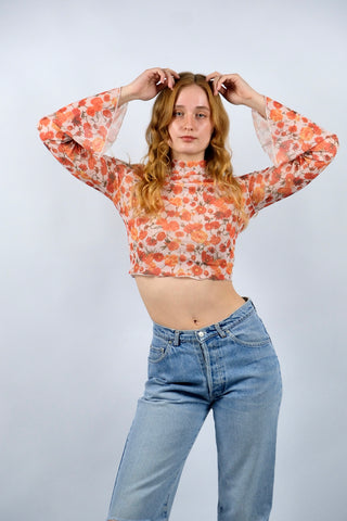 00s Mesh Longsleeve mit Blumenmuster in Orange – bauchfreier, figurbetonter Schnitt mit kleinem Stehkragen und tollen Trompetenärmeln – Größe S und ein absolutes Highlight