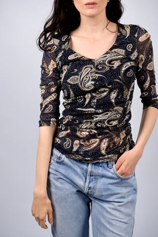 Figurbetontes Y2k Mesh Shirt mit halblangen Ärmeln und Paisley Print in Nachtblau/Blauschwarz, Braun, Beige und Creme – tragbar von einer XS bis S