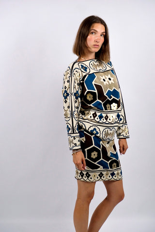Vintage 80s Boho Geometric Blumen Strick Zweiteiler - XS/S