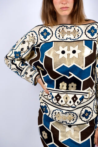 Vintage 80s Boho Geometric Blumen Strick Zweiteiler - XS/S