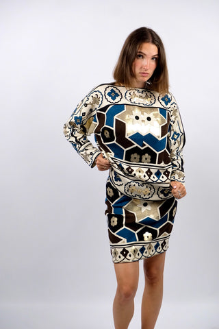 Vintage 80s Boho Geometric Blumen Strick Zweiteiler - XS/S