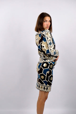 Vintage 80s Boho Geometric Blumen Strick Zweiteiler - XS/S