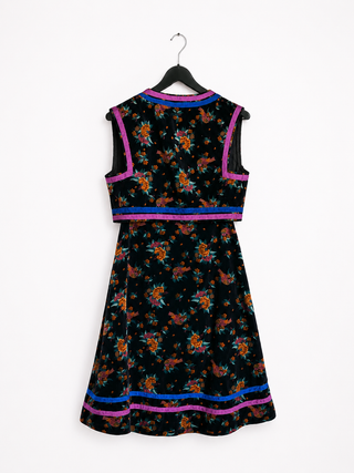 Vintage 70s Baumwolle Blumen Print Samt Zweiteiler - XS