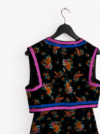 Vintage 70s Baumwolle Blumen Print Samt Zweiteiler - XS