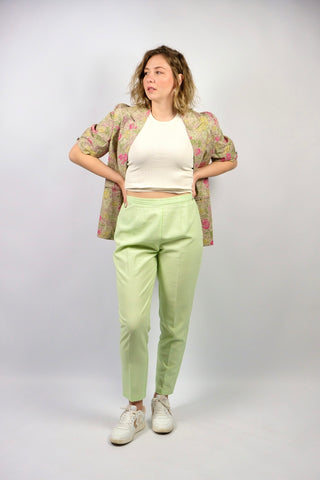 hellgrün-weiß karierte 80s/90s Sommerhose aus leichtem Viskose-Mix – entspricht einer heutigen XL (bitte Maße beachten)