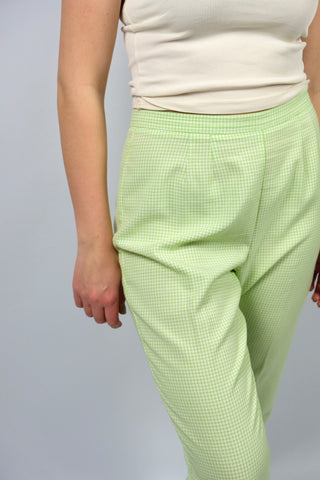 hellgrün-weiß karierte 80s/90s Sommerhose aus leichtem Viskose-Mix – entspricht einer heutigen XL (bitte Maße beachten)