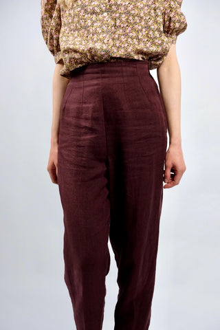 Hochwertige 90s High Waist Hose von der Premium-Marke Marella made in Italy aus 100% Leinen in tollem Weinrot/Aubergine – ideal für eine heutige XS und ein absolutes Highlight