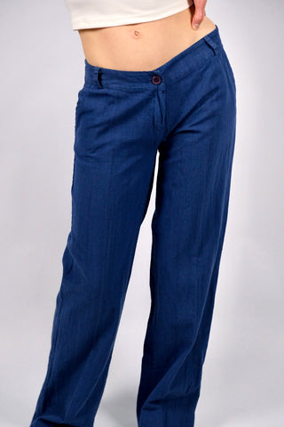 Vintage 00s Low Waist Straight Leg Leinen Mix Hose Blau - XS