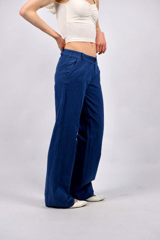 Vintage 00s Low Waist Straight Leg Leinen Mix Hose Blau - XS
