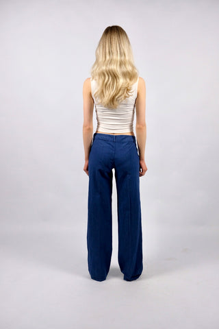 Vintage 00s Low Waist Straight Leg Leinen Mix Hose Blau - XS