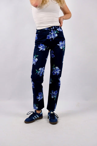 Marineblaue 90s Kenzo Designer Baumwollhose mit floralem Print – klassischer Mom-Schnitt mit hoher Taille – ideal für eine heutige (schmale) XS und ein absolutes Highlight