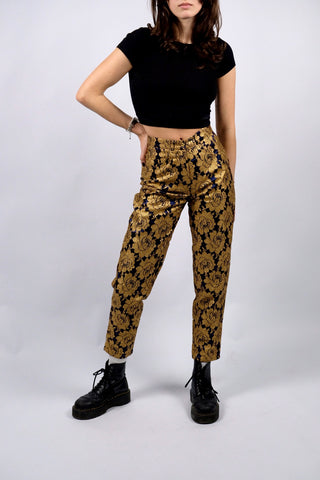 Atemberaubende, dunkelblaue 90s High Waist Hose von der Premium-Marke Elégance Paris made in Germany, mit tollem Blumenmuster in Gold – ideal für eine schmale XS (bitte Maße beachten) – ein seltenes Fundstück und absolutes Highlight