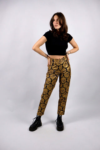 Atemberaubende, dunkelblaue 90s High Waist Hose von der Premium-Marke Elégance Paris made in Germany, mit tollem Blumenmuster in Gold – ideal für eine schmale XS (bitte Maße beachten) – ein seltenes Fundstück und absolutes Highlight