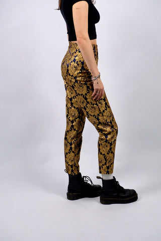 Atemberaubende, dunkelblaue 90s High Waist Hose von der Premium-Marke Elégance Paris made in Germany, mit tollem Blumenmuster in Gold – ideal für eine schmale XS (bitte Maße beachten) – ein seltenes Fundstück und absolutes Highlight