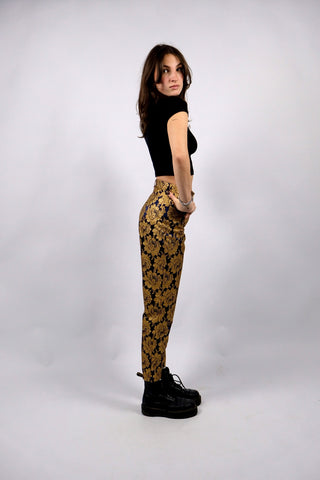 Atemberaubende, dunkelblaue 90s High Waist Hose von der Premium-Marke Elégance Paris made in Germany, mit tollem Blumenmuster in Gold – ideal für eine schmale XS (bitte Maße beachten) – ein seltenes Fundstück und absolutes Highlight