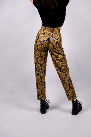 Atemberaubende, dunkelblaue 90s High Waist Hose von der Premium-Marke Elégance Paris made in Germany, mit tollem Blumenmuster in Gold – ideal für eine schmale XS (bitte Maße beachten) – ein seltenes Fundstück und absolutes Highlight