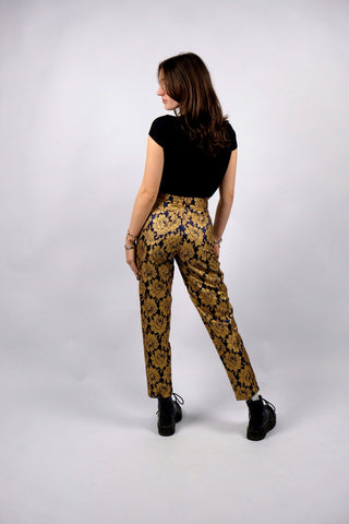 Atemberaubende, dunkelblaue 90s High Waist Hose von der Premium-Marke Elégance Paris made in Germany, mit tollem Blumenmuster in Gold – ideal für eine schmale XS (bitte Maße beachten) – ein seltenes Fundstück und absolutes Highlight