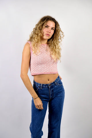 90s Handmade Crop Pullunder/Stricktop in enganliegendem, boxy Schnitt und mit hübschem Strickmuster in Rosa und Weiß – entspricht einer XS – ein Unikat und absolutes Highlight