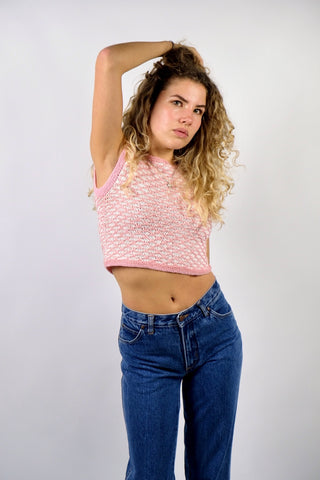 90s Handmade Crop Pullunder/Stricktop in enganliegendem, boxy Schnitt und mit hübschem Strickmuster in Rosa und Weiß – entspricht einer XS – ein Unikat und absolutes Highlight