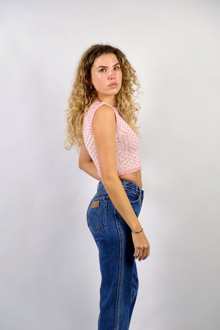 90s Handmade Crop Pullunder/Stricktop in enganliegendem, boxy Schnitt und mit hübschem Strickmuster in Rosa und Weiß – entspricht einer XS – ein Unikat und absolutes Highlight