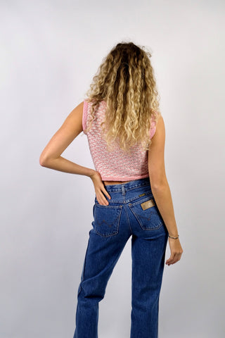 90s Handmade Crop Pullunder/Stricktop in enganliegendem, boxy Schnitt und mit hübschem Strickmuster in Rosa und Weiß – entspricht einer XS – ein Unikat und absolutes Highlight