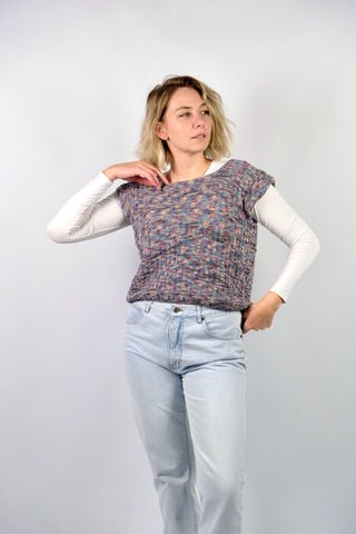 Bunt melierter, weicher Handmade 80s/90s Pullunder, cropped und boxy geschnitten – ideal für eine L