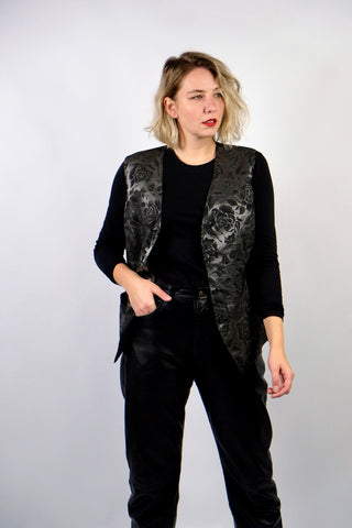 80s/90s Weste in Anthrazit/Silber mit glitzerndem Blumenmuster und Taschen – entspricht ca. einer heutigen L/XL (bitte Maße beachten)