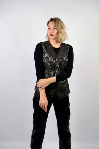 80s/90s Weste in Anthrazit/Silber mit glitzerndem Blumenmuster und Taschen – entspricht ca. einer heutigen L/XL (bitte Maße beachten)