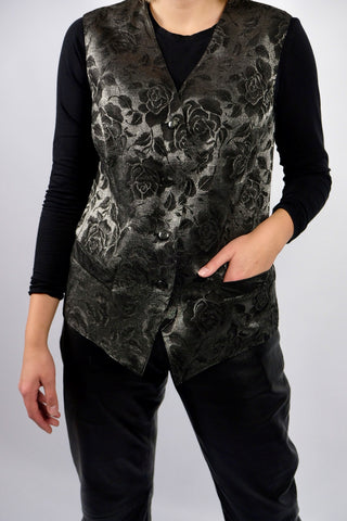 80s/90s Weste in Anthrazit/Silber mit glitzerndem Blumenmuster und Taschen – entspricht ca. einer heutigen L/XL (bitte Maße beachten)