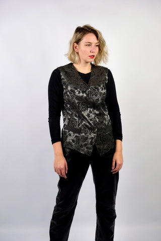 80s/90s Weste in Anthrazit/Silber mit glitzerndem Blumenmuster und Taschen – entspricht ca. einer heutigen L/XL (bitte Maße beachten)