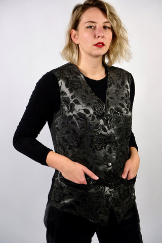 80s/90s Weste in Anthrazit/Silber mit glitzerndem Blumenmuster und Taschen – entspricht ca. einer heutigen L/XL (bitte Maße beachten)