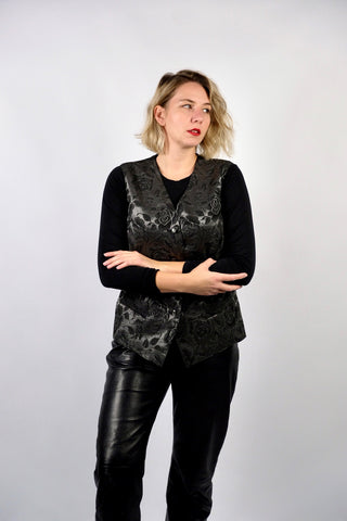 80s/90s Weste in Anthrazit/Silber mit glitzerndem Blumenmuster und Taschen – entspricht ca. einer heutigen L/XL (bitte Maße beachten)