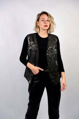 80s/90s Weste in Anthrazit/Silber mit glitzerndem Blumenmuster und Taschen – entspricht ca. einer heutigen L/XL (bitte Maße beachten)